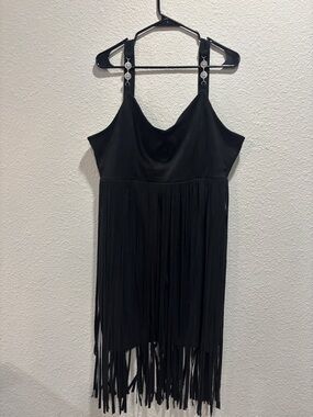 Black Fringe Slip Dress with Decorative Straps